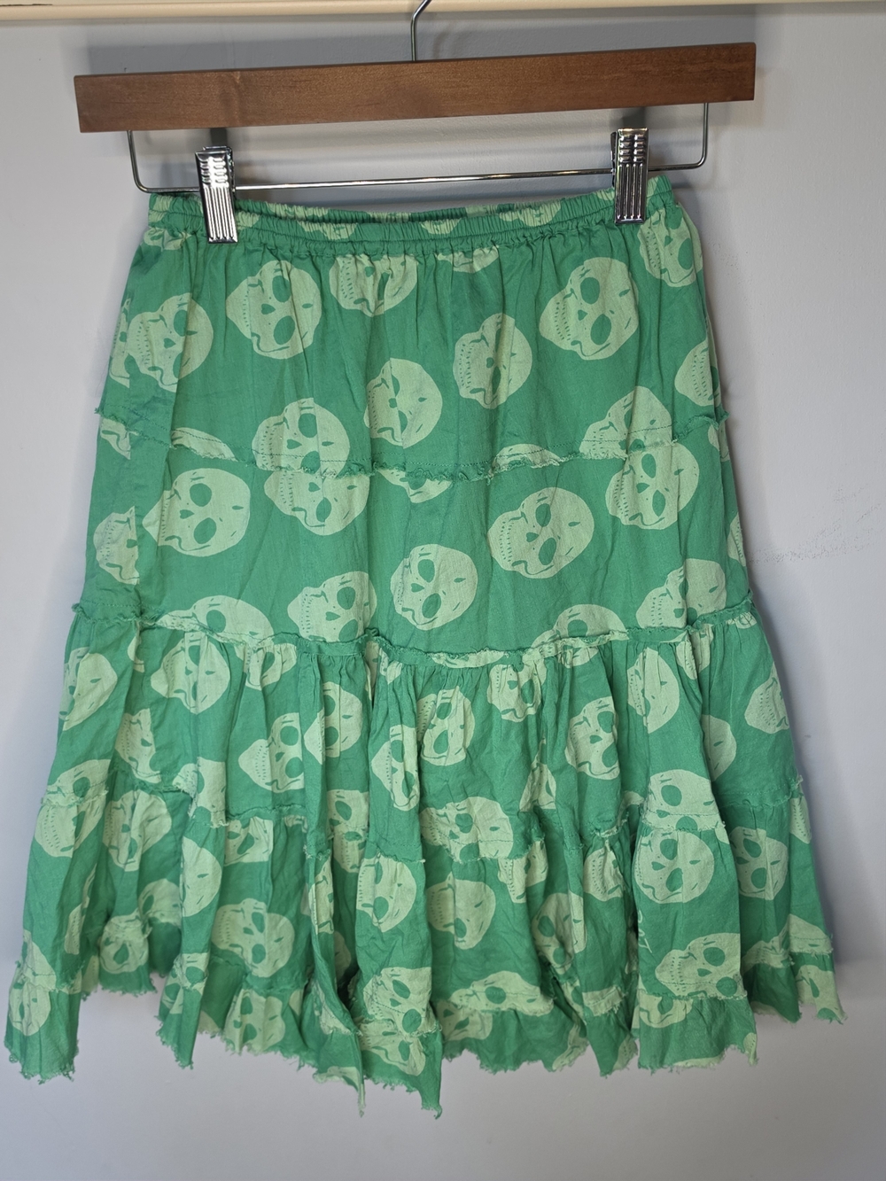 Raj Green Skull Print Tiered Cotton Midi Skirt Boho Free Size June-a-ween
